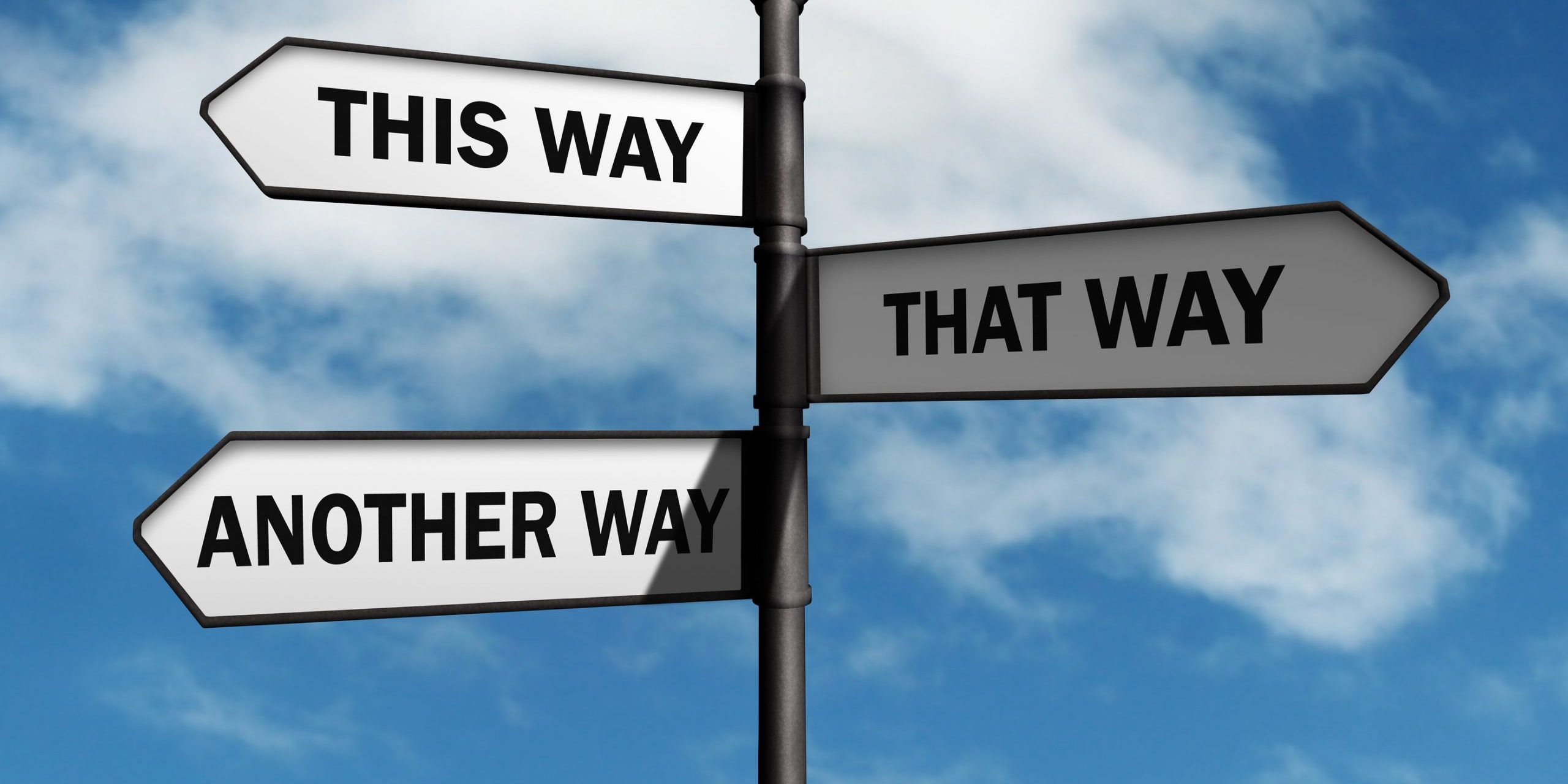 Crossroad signpost saying this way, that way, another way concep